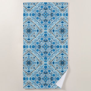 Blue floral tiles beach towel