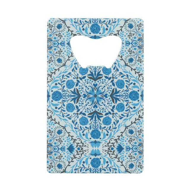 Blue floral tiles credit card bottle opener (Front)