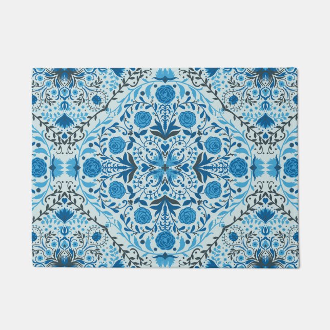 Blue floral tiles doormat (Front)