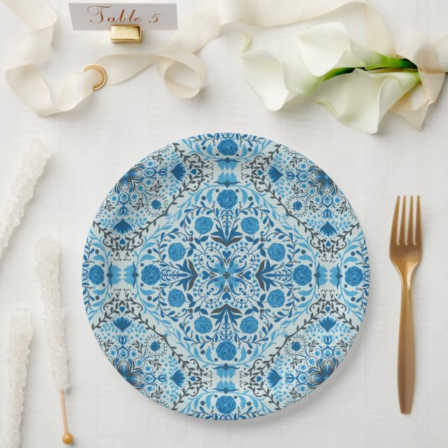Blue floral tiles paper plate (Wedding)