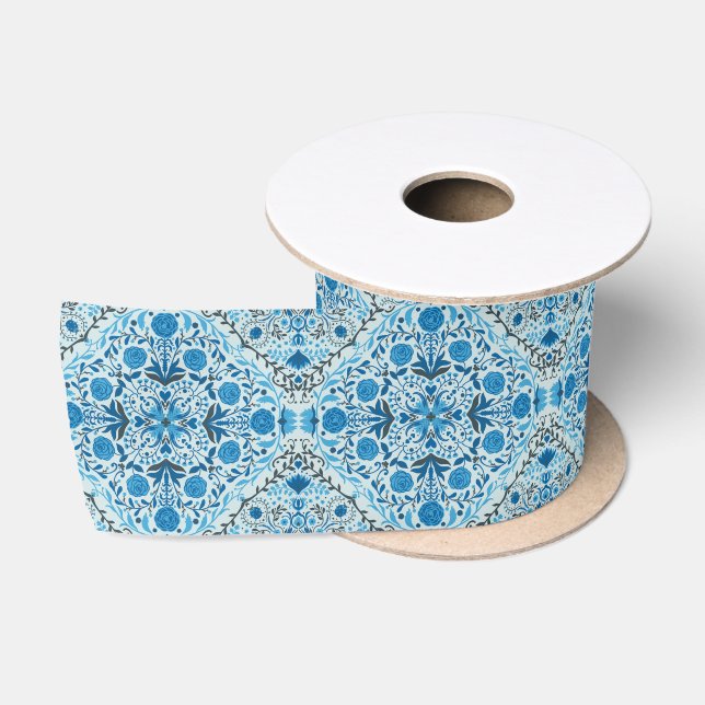 Blue floral tiles satin ribbon (Spool)