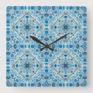 Blue floral tiles square wall clock