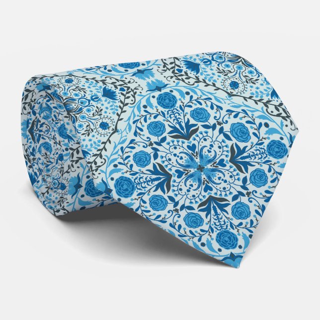 Blue floral tiles tie (Rolled)