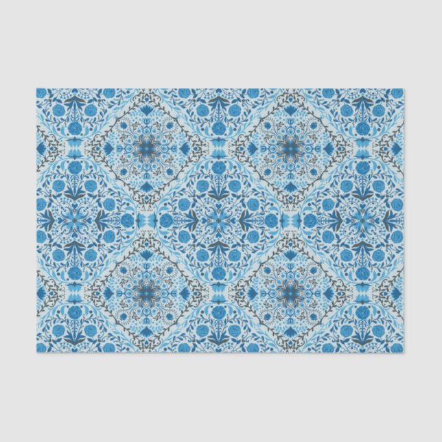 Blue floral tiles tissue paper (Front)