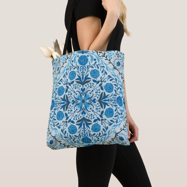 Blue floral tiles tote bag (Close Up)