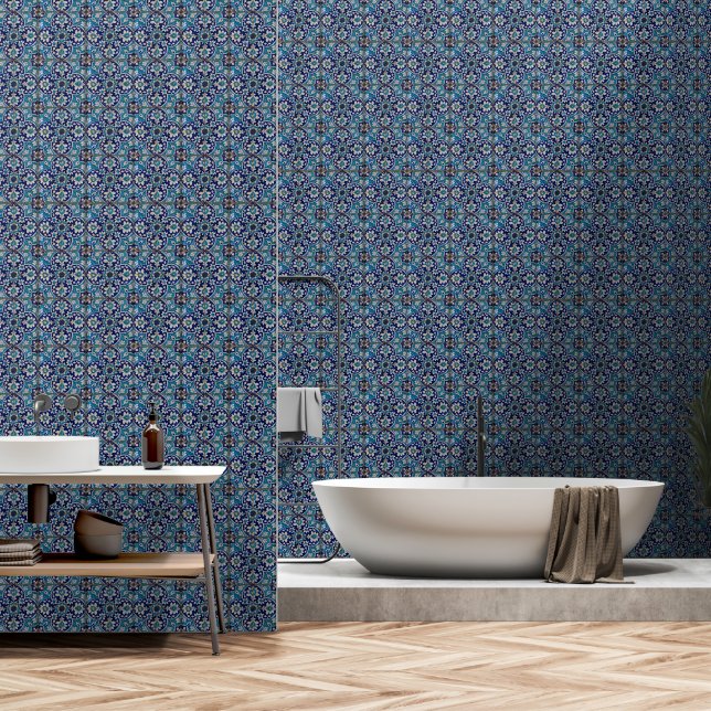Blue Floral Tiles Wallpaper (Bathroom)