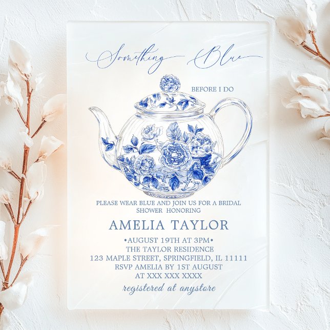 Blue Floral Toile Bridal Shower Clear Acrylic Invitations (Creator Uploaded)