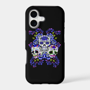 Blue Floral Triple Sugar Skull Day Of The Dead