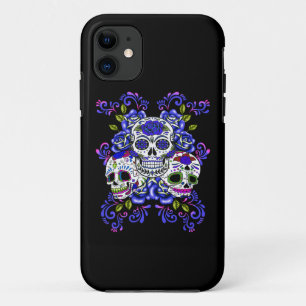 Blue Floral Triple Sugar Skull Day Of The Dead iPhone 11 Case
