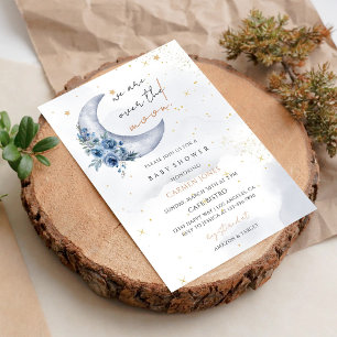Blue Floral Twinkle Star Moon Baby Shower Invitation