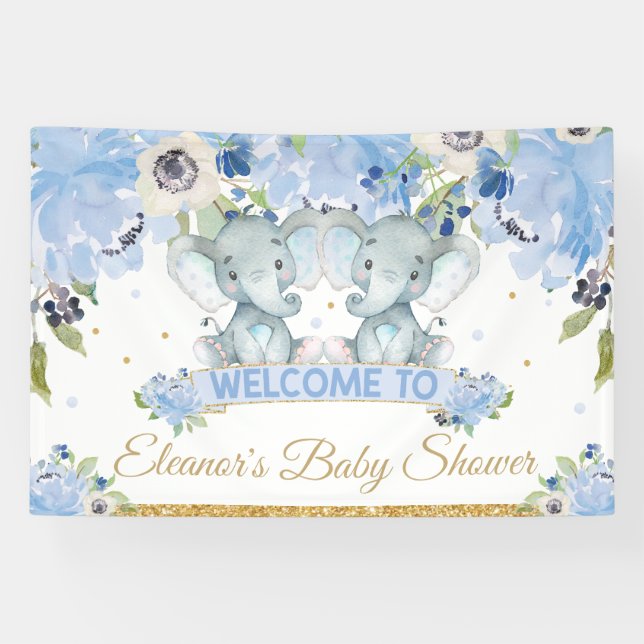 Blue Floral Twins Elephant Boys Welcome Backdrop Banner (Horizontal)