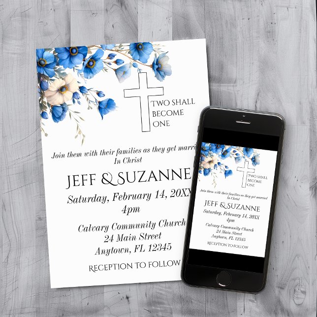 Blue Floral Two Become One Cross Wedding  Invitation (Blue Floral Two Become One Cross Wedding Invitation)