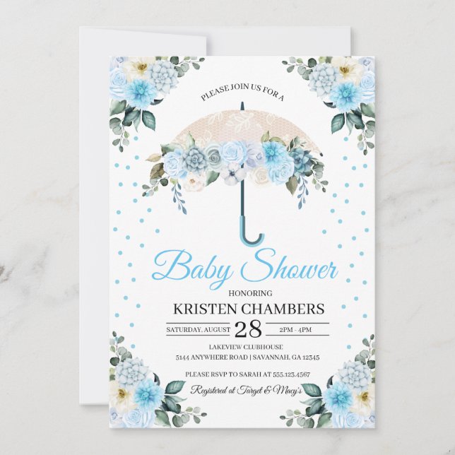 Blue Floral Umbrella Baby Shower Invitation (Front)