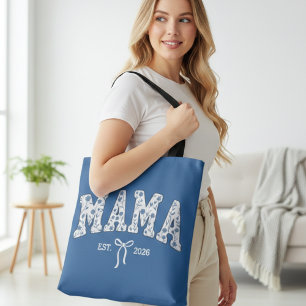 Blue Floral Varsity Mama Feminine Design Tote Bag