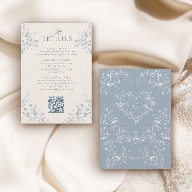 Blue Floral Victorian Heart Crest Monogram Wedding Enclosure Card (Creator Uploaded)