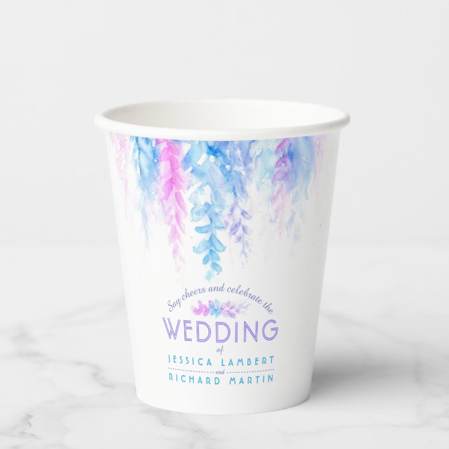 Blue floral vine flowers watercolor wedding  paper cups (Front)