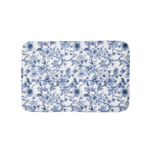 Blue Floral Vintage Toile Pattern  Bath Mat