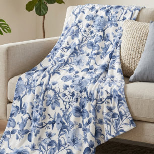 Blue Floral Vintage Toile Pattern  Fleece Blanket