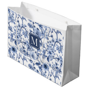 Blue Floral Vintage Toile Pattern Monogram Large Gift Bag