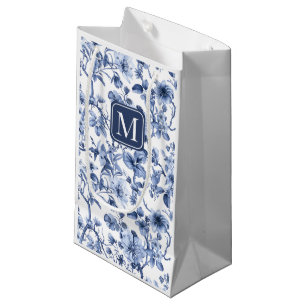 Blue Floral Vintage Toile Pattern Monogram Small Gift Bag