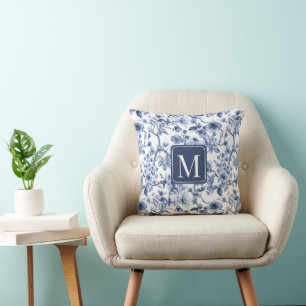 Blue Floral Vintage Toile Pattern Monogram Throw Pillow