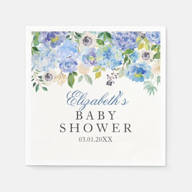 Blue Floral Watercolor Baby Shower Napkins (Front)