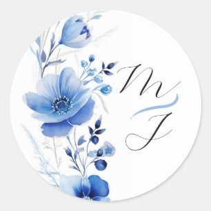 Blue Floral Watercolor Botanical  Classic Round Sticker