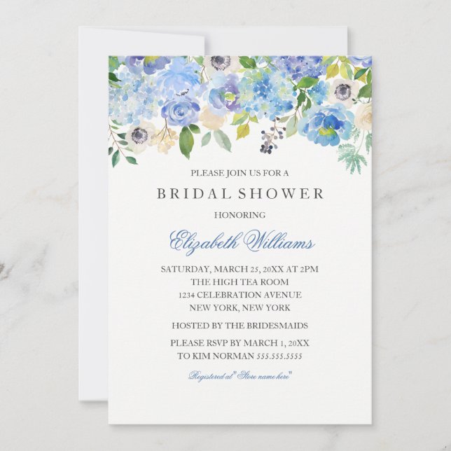 Blue Floral Watercolor Bridal Shower Invitation (Front)