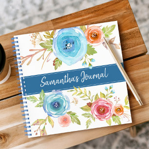 Blue floral watercolor custom script name square notebook