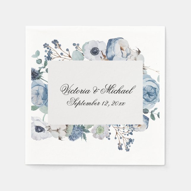 Blue Floral Watercolor Floral Napkins (Front)
