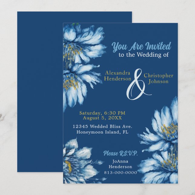 Blue Floral Watercolor Flowers Personalizable Invitation (Front/Back)