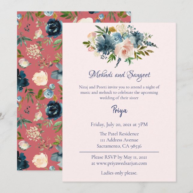 Blue Floral Watercolor Mehndi Sangeet Garba Invite (Front/Back)