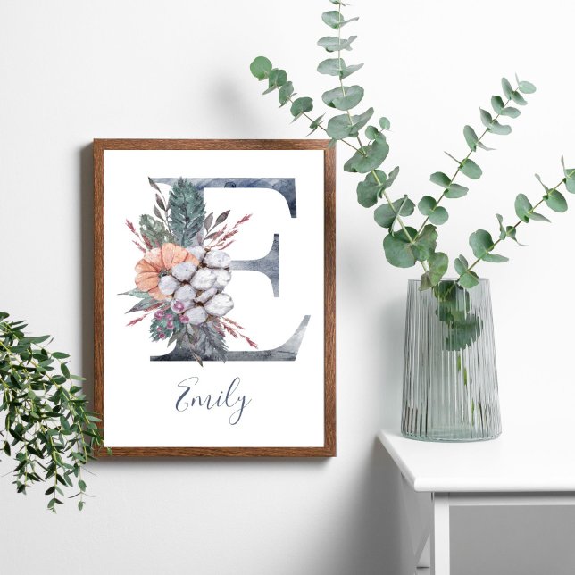 Blue Floral Watercolor Monogram E Last Name Poster (Blue White Peach Watercolor Floral Monogram Letter E)