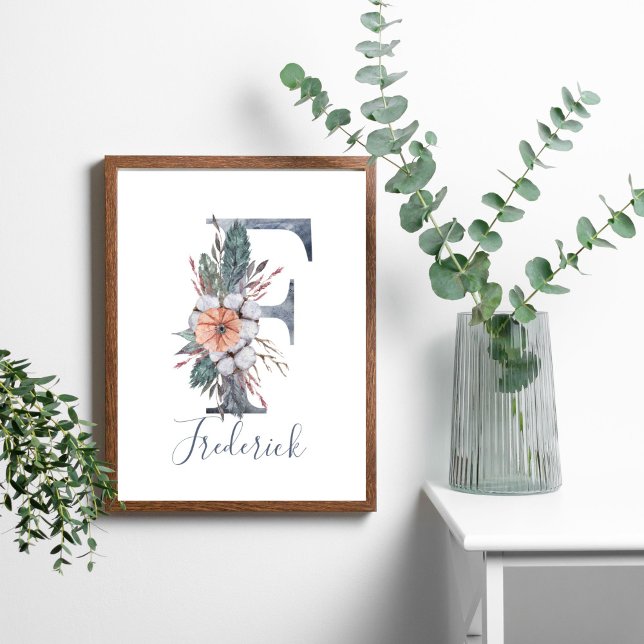 Blue Floral Watercolor Monogram  Last Name  Poster (Blue Peach White Watercolor Floral Monogram Letter F Wall Art)