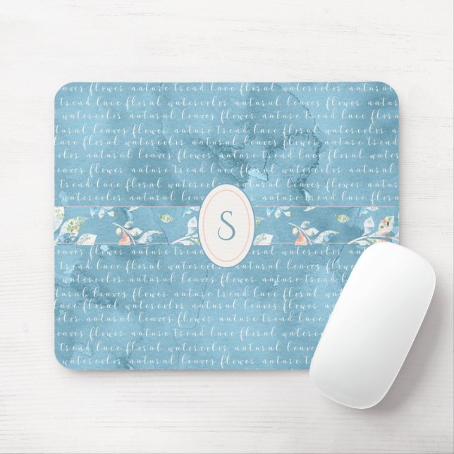 Blue Floral Watercolor Monogram Rustic Mouse Pad (With Mouse)