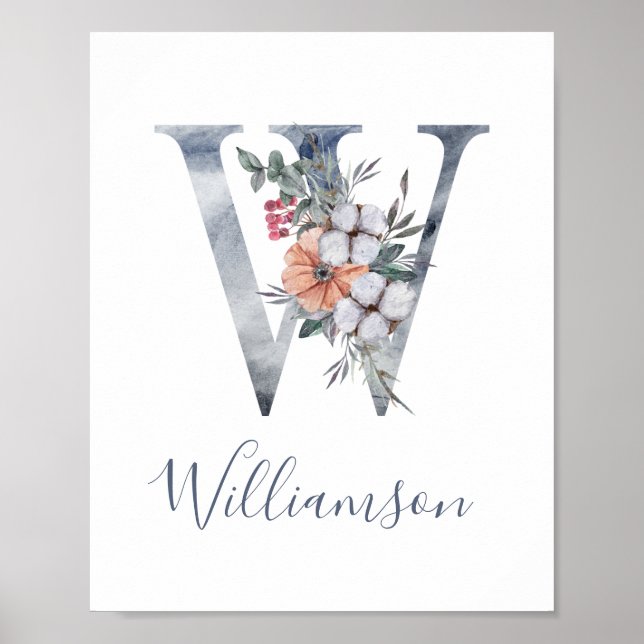 Blue Floral Watercolor Monogram W Last Name Poster (Front)