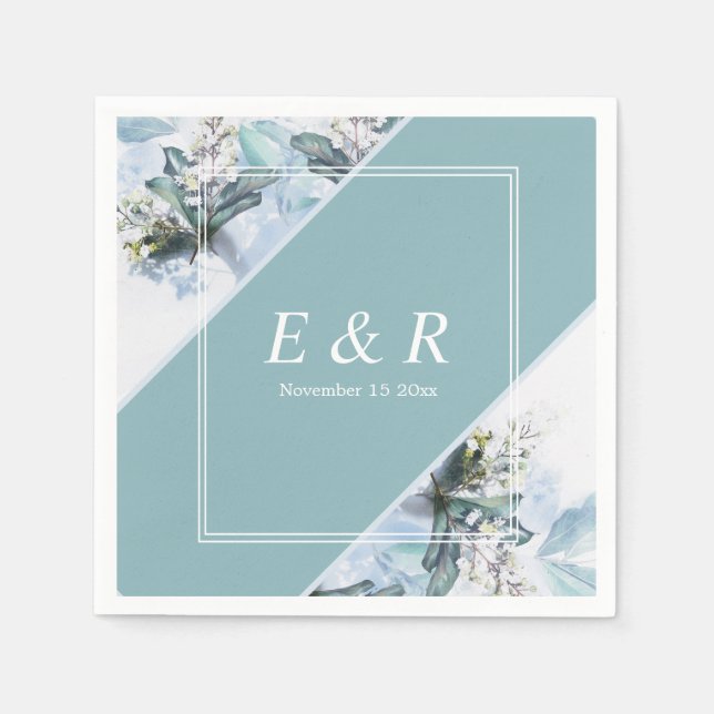 Blue Floral Watercolor Monogram Wedding Reception Napkin (Front)