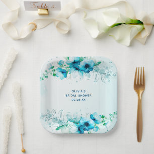 Blue Floral Watercolor Personalized Bridal Shower  Paper Plate