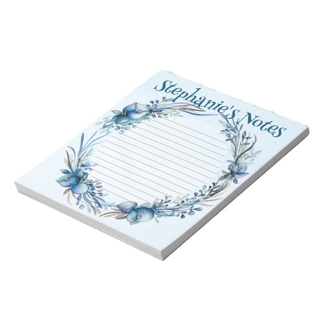 Blue Floral Watercolor Personalized Notepad (Rotated)