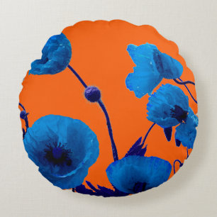 Blue Floral Watercolor Poppy Flowers Summer Sunset Round Pillow