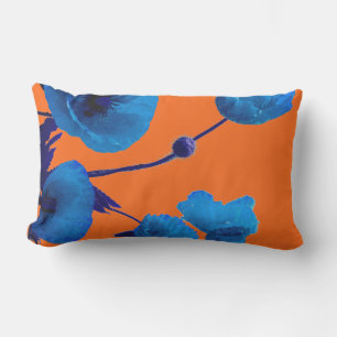 Blue Floral Watercolor Poppy Flowers Sunset Summer Lumbar Pillow