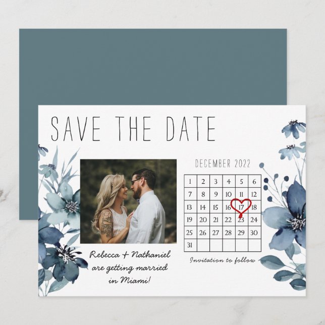 Blue Floral Watercolor Save the Date Calendar Announcement (Front/Back)