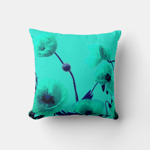 Blue Floral Watercolor Turquoise Poppy Flowers Art Throw Pillow