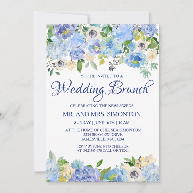 Blue Floral Watercolor Wedding Brunch Invitations (Front)
