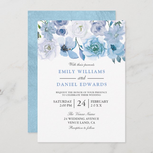 Blue Floral Watercolor Wedding Invitation (Front/Back)