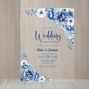 Blue Floral Wedding After Party Acrylic Invitations