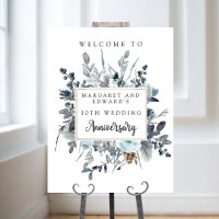 Blue Floral  Wedding Anniversary Welcome Sign