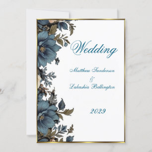Blue floral Wedding Beautiful White  Invitation