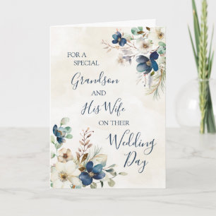 Blue Floral Wedding Day Grandson and Wife card