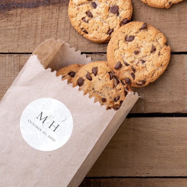 Blue Floral Wedding Favour Monogram Classic Round Sticker (Elegant blue floral monogram wedding favor sticker. )